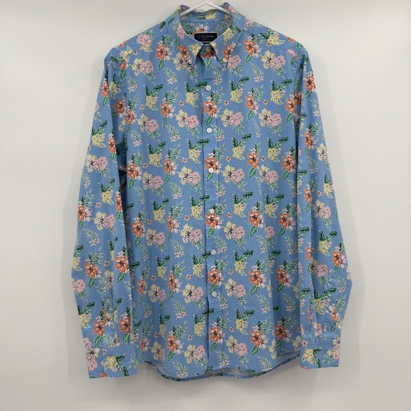 Club Room Shirt Men Medium Blue Long Sleeve Button Up Floral Slim Fit Casual - Picture 1 of 11